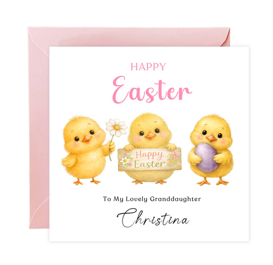 Personalised Happy Easter Card for Girls with Custom Name and Message - Three Baby Chicks Design for Daughter, Granddaughter, Niece, Kids, Girl, Baby Girl, Little One – Pink Envelope Included