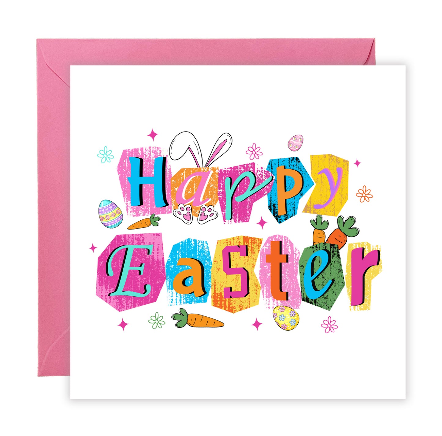 Colorful Bunny, Easter Eggs & Carrot Happy Easter Card – Cute Spring Holiday Card for Family, Teens, Kids, Friends and Loved Ones – Bright Modern Easter Card - Pink Envelope Included
