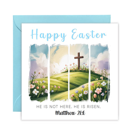 Christian Happy Easter Card – He Is Risen - Religious Easter Card with Cross – Faith Easter Greeting Card for Church, Christians, Friends, Family, Loved Ones - Blue Envelope Included
