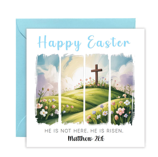 Christian Happy Easter Card – He Is Risen - Religious Easter Card with Cross – Faith Easter Greeting Card for Church, Christians, Friends, Family, Loved Ones - Blue Envelope Included