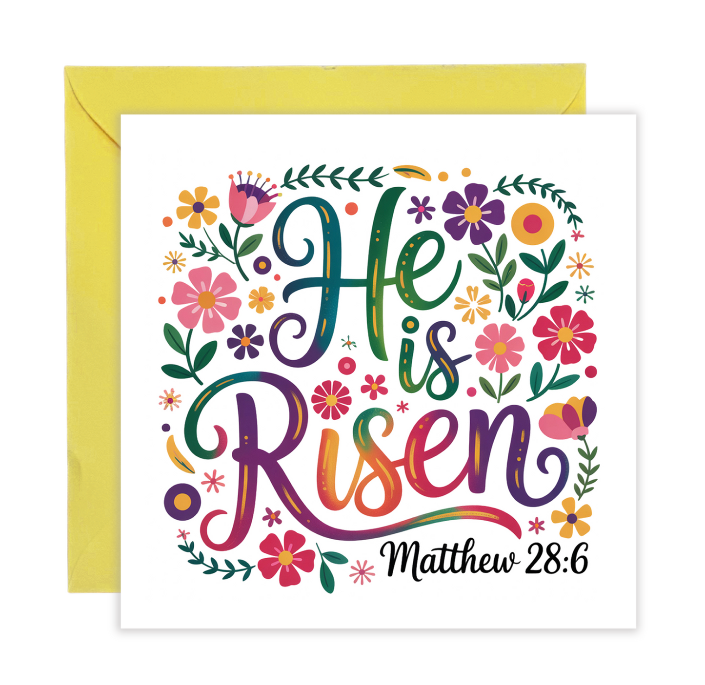 Christian Happy Easter Card – He Is Risen - Religious Easter Card - Floral Resurrection Faith Easter Greeting Card for Church, Christians, Friends, Family, Loved Ones - Yellow Envelope Included