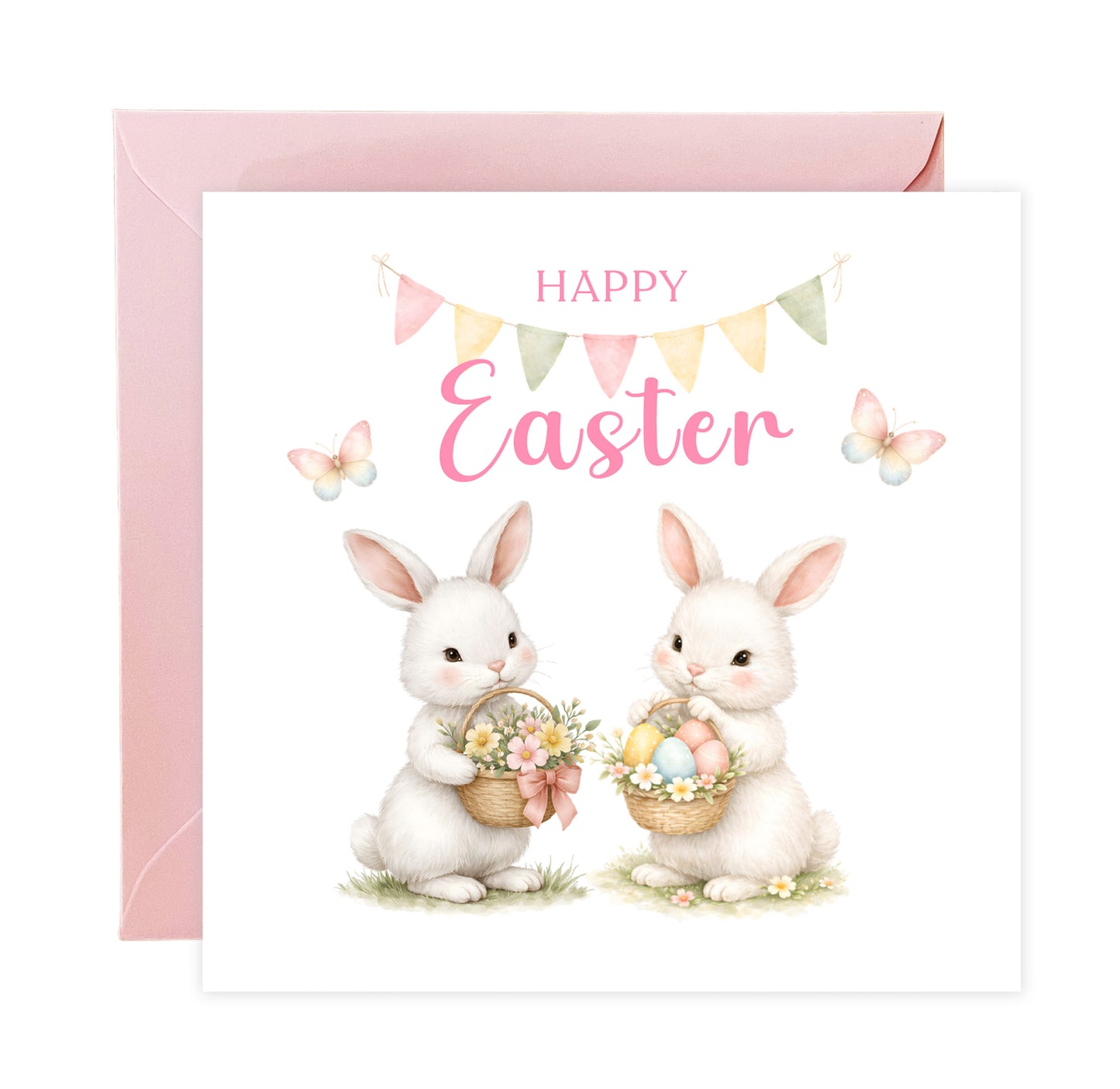 Happy Easter Card with Two Bunnies Design for Girls,  Mum, Grandma, Auntie, Daughter, Granddaughter, Niece, Baby Girl, Little One – Pink Envelope Included