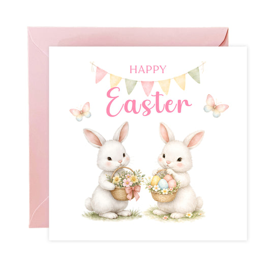 Happy Easter Card with Two Bunnies Design for Girls,  Mum, Grandma, Auntie, Daughter, Granddaughter, Niece, Baby Girl, Little One – Pink Envelope Included