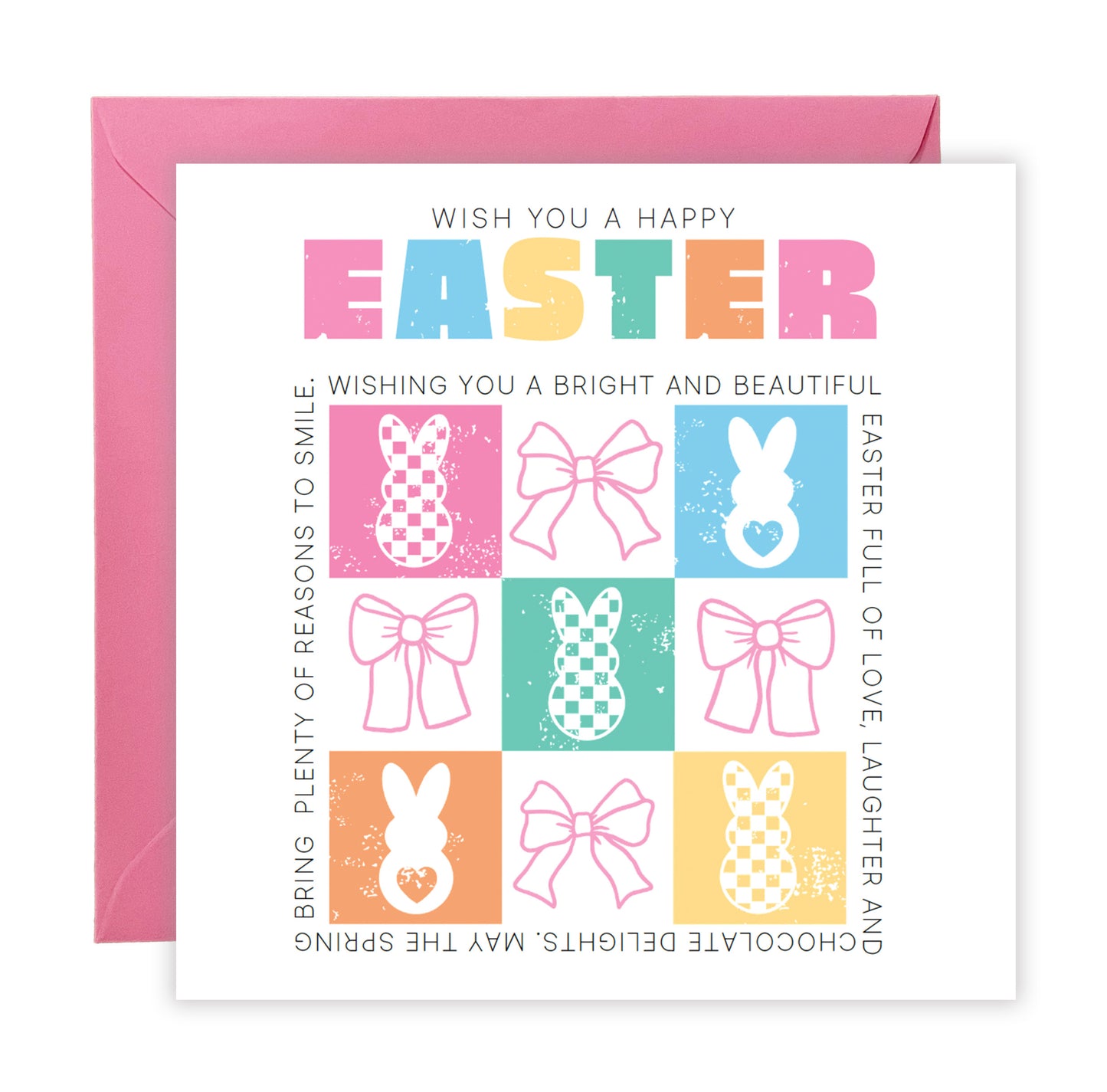 Cute Checkerboard Bunny Happy Easter Card – Bunny & Bow Design – Sweet Easter Wishes and Spring Greeting Card for Family, Girls, Teens, Friends, Kids, Loved Ones - Pink Envelope Included