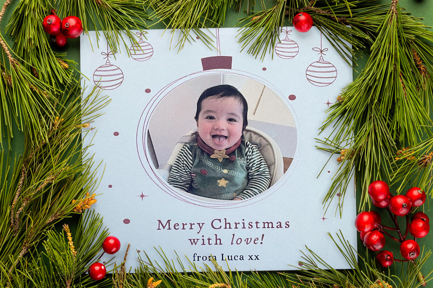 Personalised Photo Christmas Card – Christmas Baubles Design Merry Xmas Card with Customised Photo & Message - from Family, Children, Pet and Loved Ones - Red Envelope Included