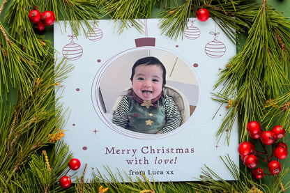Personalised Photo Christmas Card – Christmas Baubles Design Merry Xmas Card with Customised Photo & Message - from Family, Children, Pet and Loved Ones - Red Envelope Included