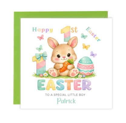 Personalised 1st Happy Easter Card for Baby Girl, Baby Boy with Custom Name and Message - Bunny  Design - Rabbit First Easter Card for Grandkids, Nephew, Niece, Kids, Little One with Green Envelope