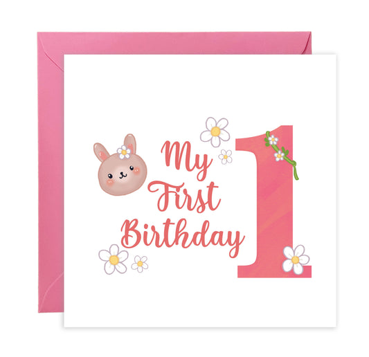 1st Birthday Card for Baby Girl – Cute Rabbit & Flowers Design – Watercolour Bunny One Year Old First Birthday Card for Girl, Little One, Daughter, Granddaughter, Niece – Pink Envelope Included