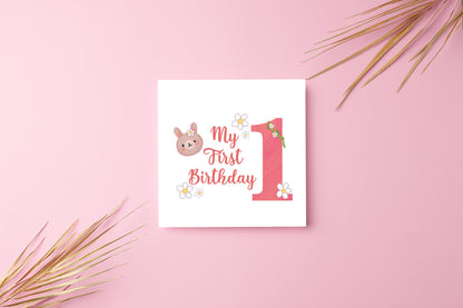 1st Birthday Card for Baby Girl – Cute Rabbit & Flowers Design – Watercolour Bunny One Year Old First Birthday Card for Girl, Little One, Daughter, Granddaughter, Niece – Pink Envelope Included