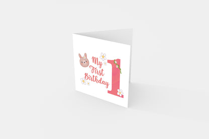 1st Birthday Card for Baby Girl – Cute Rabbit & Flowers Design – Watercolour Bunny One Year Old First Birthday Card for Girl, Little One, Daughter, Granddaughter, Niece – Pink Envelope Included
