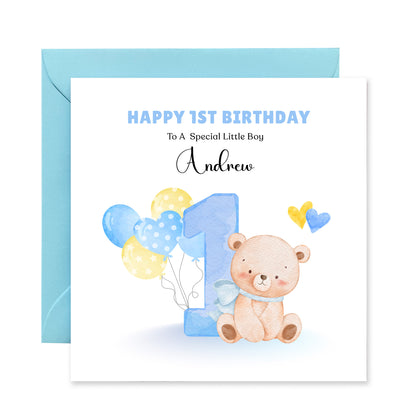 Teddy Bear with Ballons -Personalised Watercolour Effect 1 Year Birthday Folded Card for Boys, Custom Name and Message One- Year-Old Happy 1st Birthday Card, Customisable Birthday Card for Children