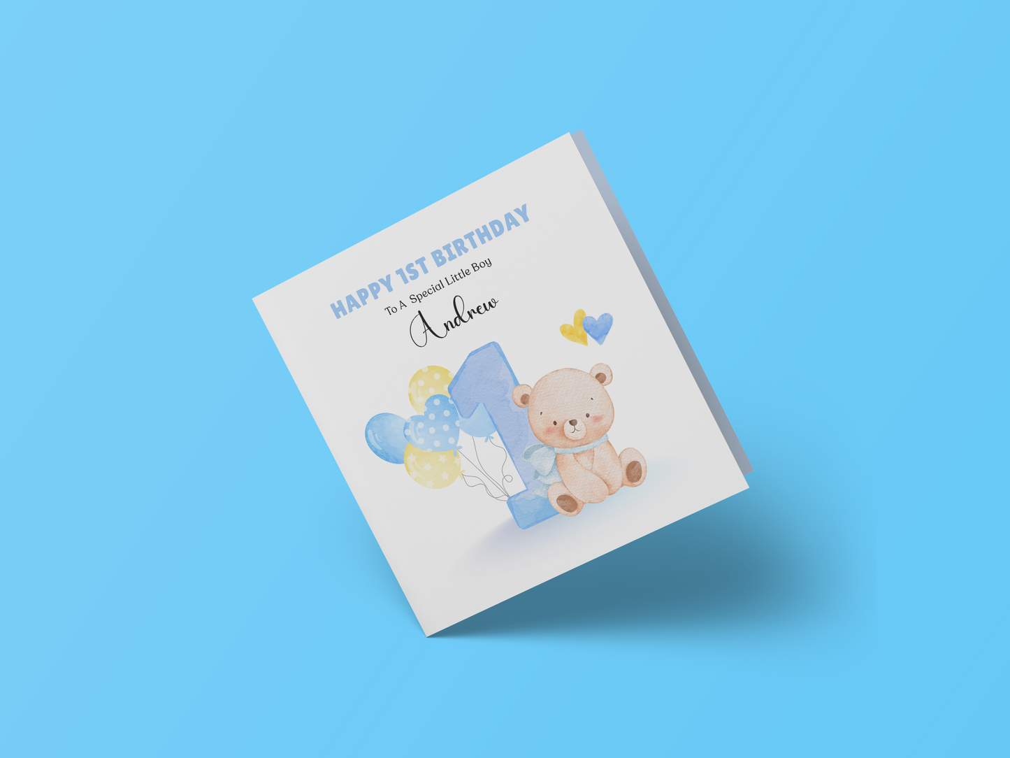Teddy Bear with Ballons -Personalised Watercolour Effect 1 Year Birthday Folded Card for Boys, Custom Name and Message One- Year-Old Happy 1st Birthday Card, Customisable Birthday Card for Children