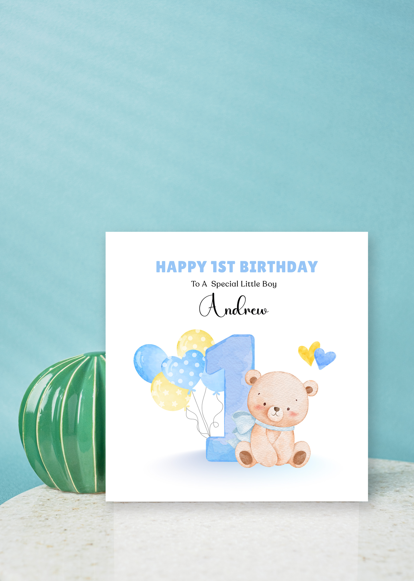 Teddy Bear with Ballons -Personalised Watercolour Effect 1 Year Birthday Folded Card for Boys, Custom Name and Message One- Year-Old Happy 1st Birthday Card, Customisable Birthday Card for Children