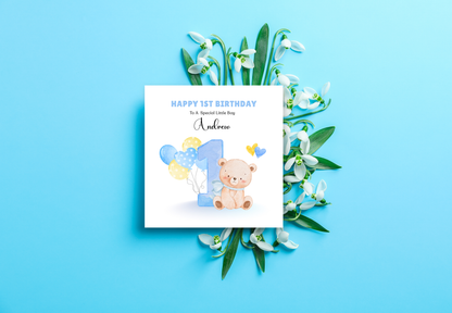 Teddy Bear with Ballons -Personalised Watercolour Effect 1 Year Birthday Folded Card for Boys, Custom Name and Message One- Year-Old Happy 1st Birthday Card, Customisable Birthday Card for Children