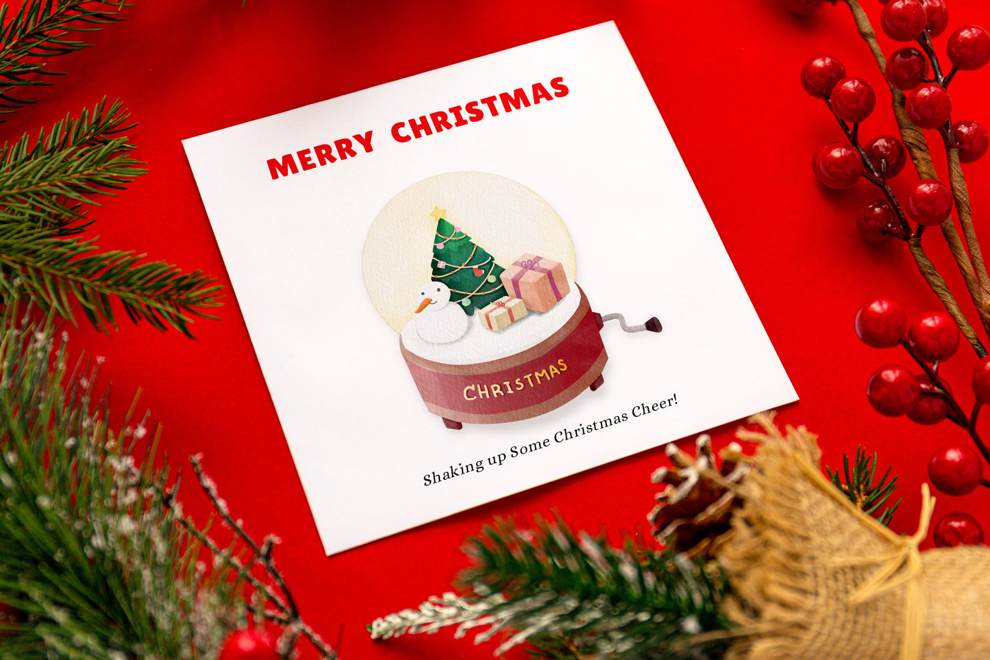 Snow Globe Christmas Card – Shaking Up Some Christmas Cheer! Watercolor Style Holiday Greeting Card for Mum, Dad, Auntie, Friend, Co-Workers & Loved Ones – Red Envelope Included
