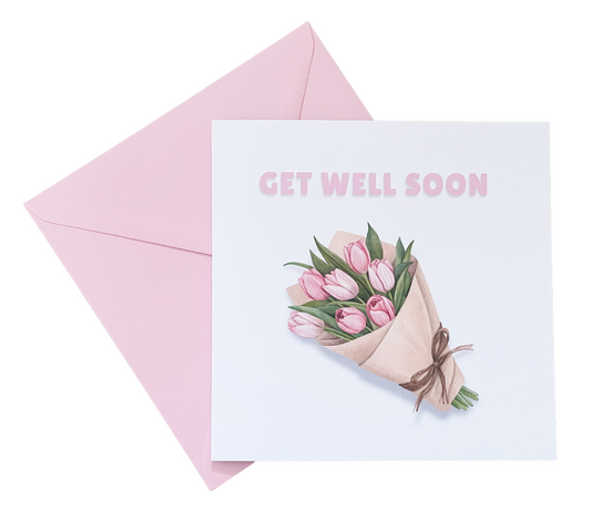 Get Well Soon Card - Beautiful Tulip Bouquet Greeting Card - Beautiful Floral Design - Recovery, Thinking of you, Sympathy Card with Pink Envelope for Her, Mom, Friend and Loved Ones