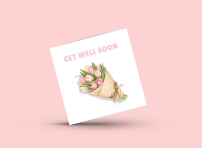 Get Well Soon Card - Beautiful Tulip Bouquet Greeting Card - Beautiful Floral Design - Recovery, Thinking of you, Sympathy Card with Pink Envelope for Her, Mom, Friend and Loved Ones