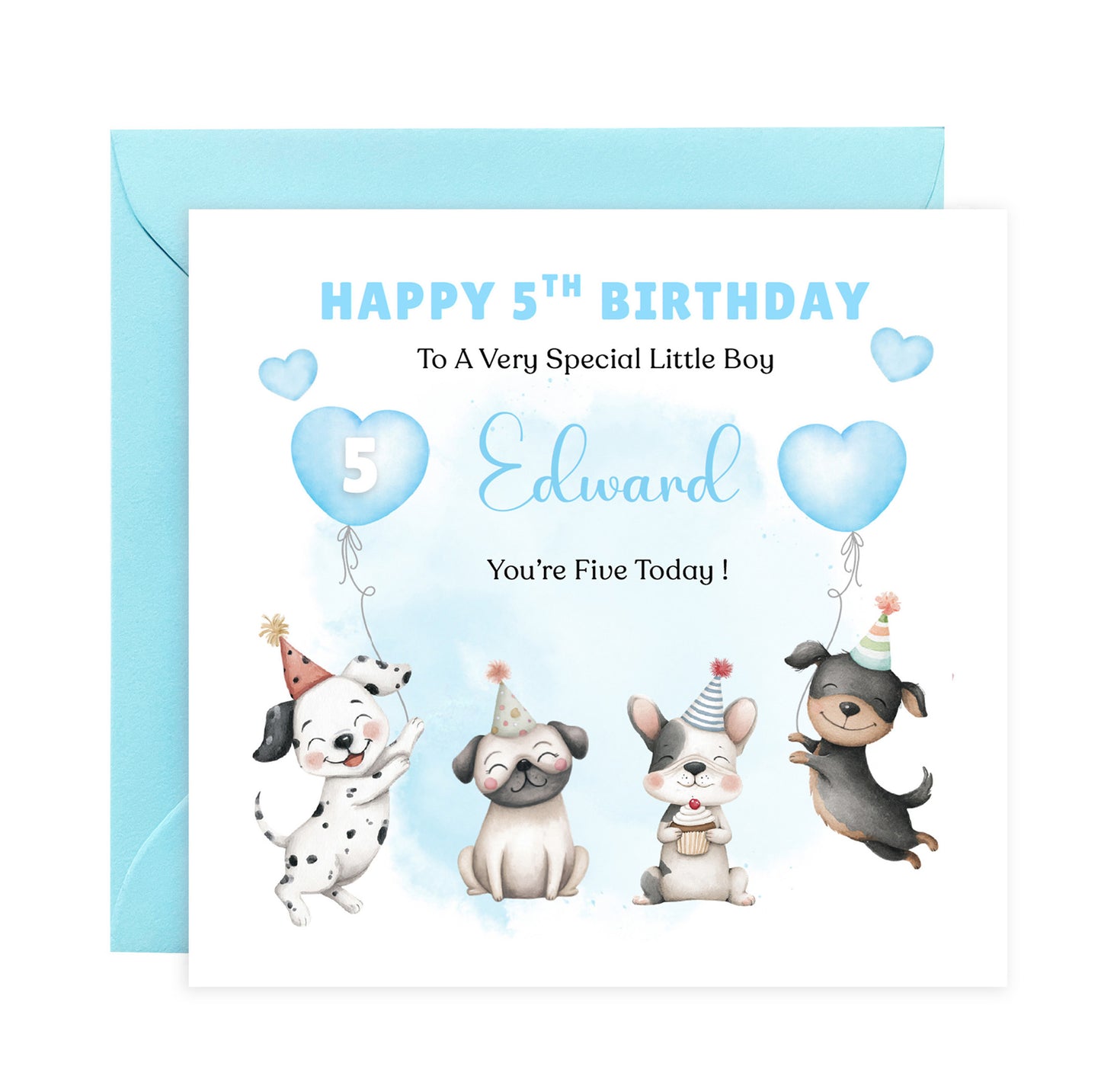 Personalised 5th Birthday Card for Boys – Cute Puppy Dogs Design with Custom Name and Message, Age 5 Years Old Birthday Card for Kids, Children, Boy, Son, Grandson, Nephew– Blue Envelope Included