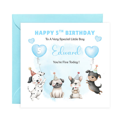 Personalised 5th Birthday Card for Boys – Cute Puppy Dogs Design with Custom Name and Message, Age 5 Years Old Birthday Card for Kids, Children, Boy, Son, Grandson, Nephew– Blue Envelope Included