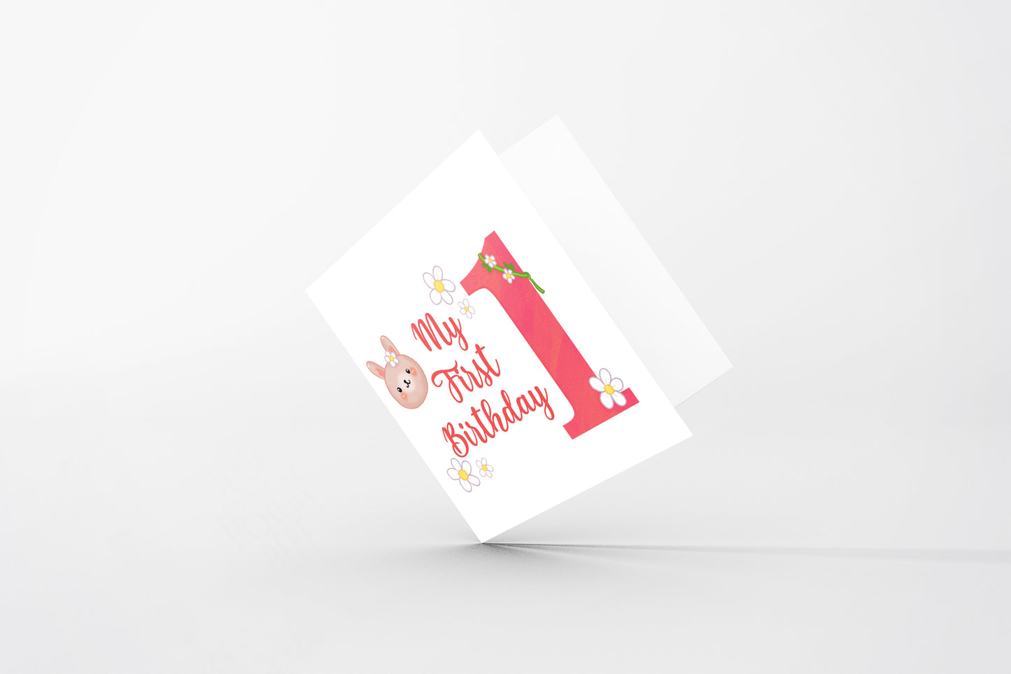 1st Birthday Card for Baby Girl – Cute Rabbit & Flowers Design – Watercolour Bunny One Year Old First Birthday Card for Girl, Little One, Daughter, Granddaughter, Niece – Pink Envelope Included
