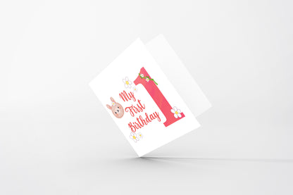1st Birthday Card for Baby Girl – Cute Rabbit & Flowers Design – Watercolour Bunny One Year Old First Birthday Card for Girl, Little One, Daughter, Granddaughter, Niece – Pink Envelope Included