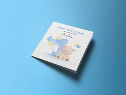 Teddy Bear with Ballons -Personalised Watercolour Effect 1 Year Birthday Folded Card for Boys, Custom Name and Message One- Year-Old Happy 1st Birthday Card, Customisable Birthday Card for Children