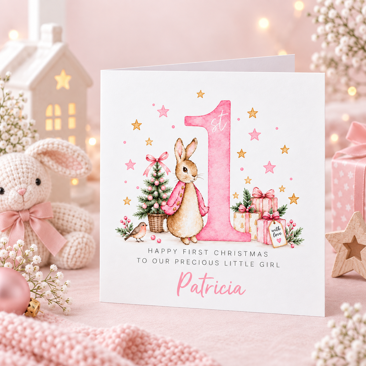 Personalised Christmas Card for Baby Girls – Cute Pink Rabbit and Number 1