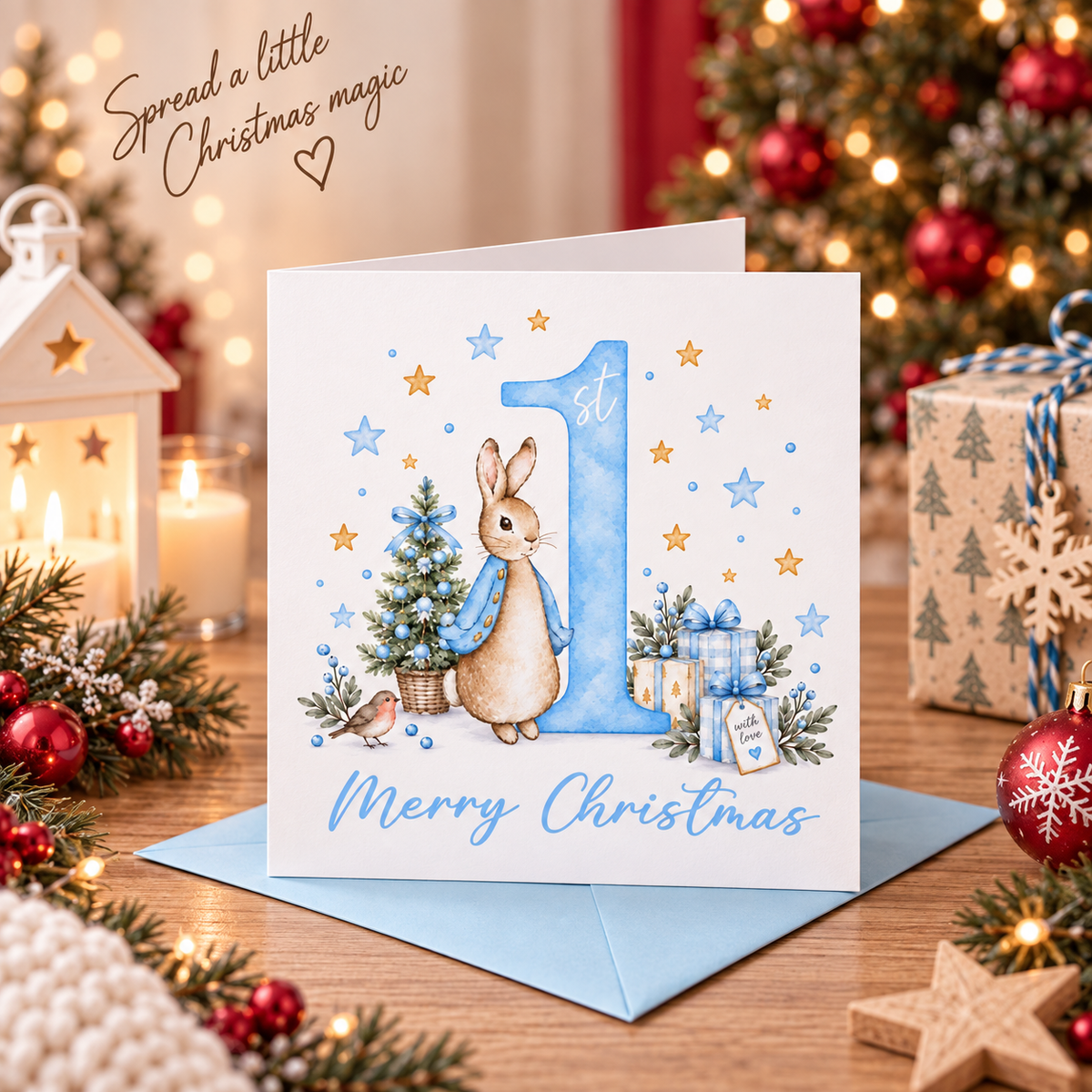 Merry Christmas Card for Baby Boys – Cute Blue Rabbit and Number 1