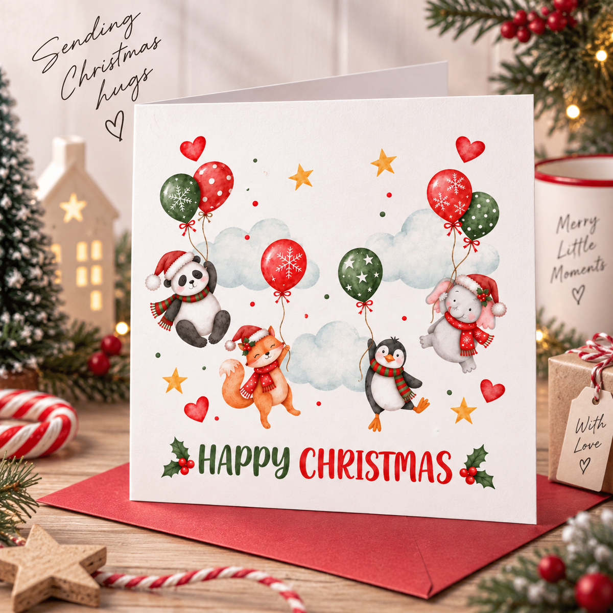 Cute Animal Christmas Card – Panda, Fox, Penguin & Elephant