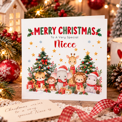 Jungle Animals Christmas Card for Niece - Cute Safari Animals Design
