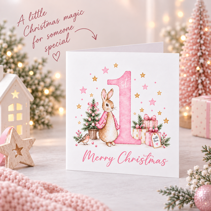 1st Christmas Card for Baby Girls – Cute Pink Rabbit and Number 1
