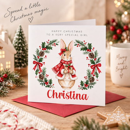 Personalised Christmas Card for Girls – Festive Bunny and Xmas Wreath