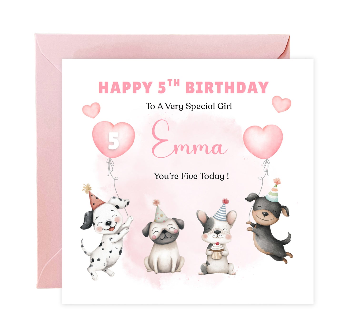 Personalised 5th Birthday Card for Girls – Cute Puppy Dogs Design with Custom Name and Message – Age 5 Years Old Birthday Card for Girls, Kids, Daughter, Granddaughter, Niece – Pink Envelope Included