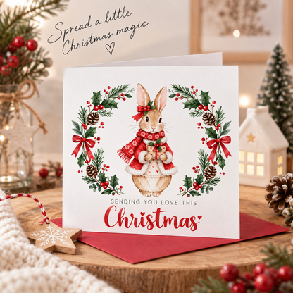 Merry Christmas Card for Girls – Festive Bunny and Xmas Wreath