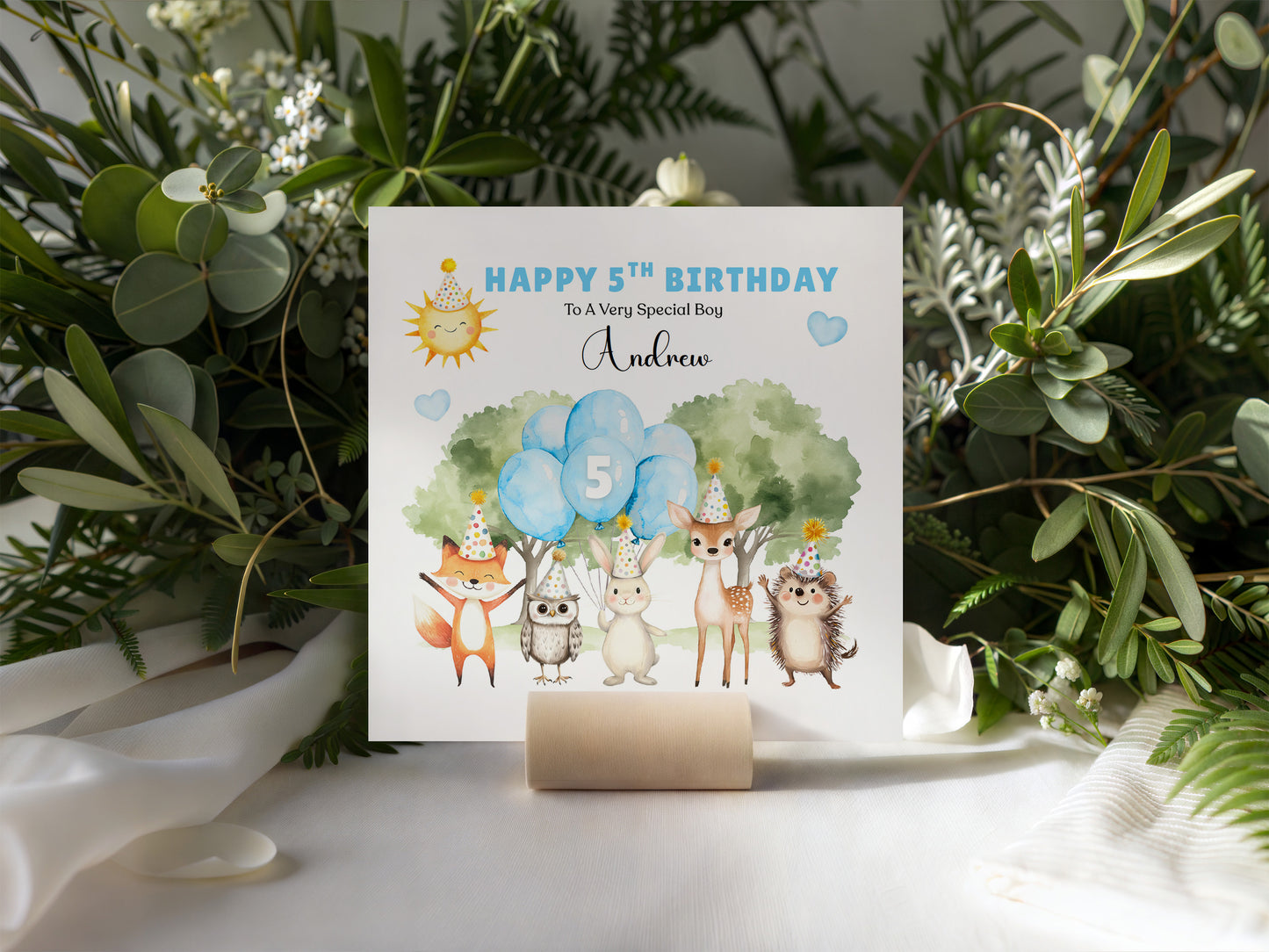 Personalised 5th Birthday Card for Boys – Woodland Animals Design with Custom Name and Message, Age 5 Years Old Birthday Card for Kids, Children, Boy, Son, Grandson, Nephew – Blue Envelope Included