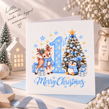 Baby Boy's 1st Christmas Card – Reindeer & Penguin Christmas Card