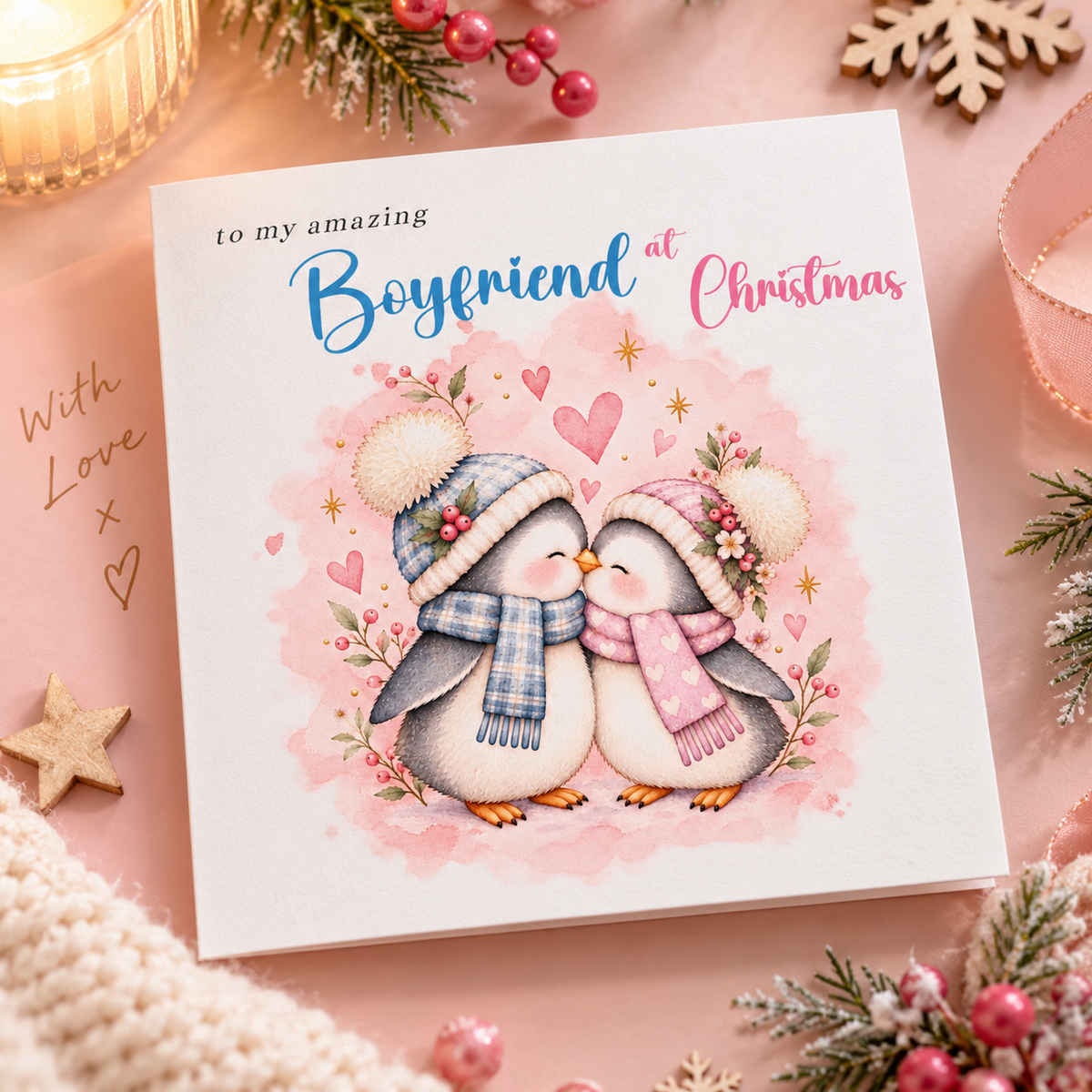 Merry Christmas Card for Boyfriend – Cute Penguin Couple Christmas Card
