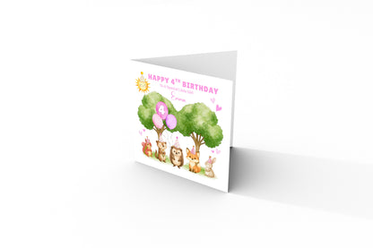 Personalised 4 Years Old 4th Birthday Card for Toddler Girls – Forest Animal Design with Custom Name & Message - Age 4 Woodland Birthday Card for Kids Daughter Granddaughter Niece with Pink Envelope
