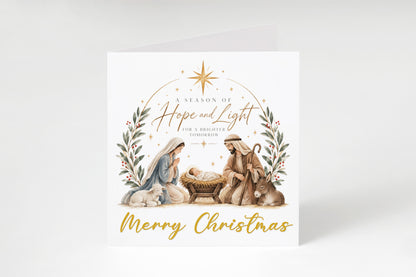Nativity Christmas Card - Mary, Joseph, Baby Jesus and Twinkling Stars Design - Elegant Religious Christmas Greeting Card