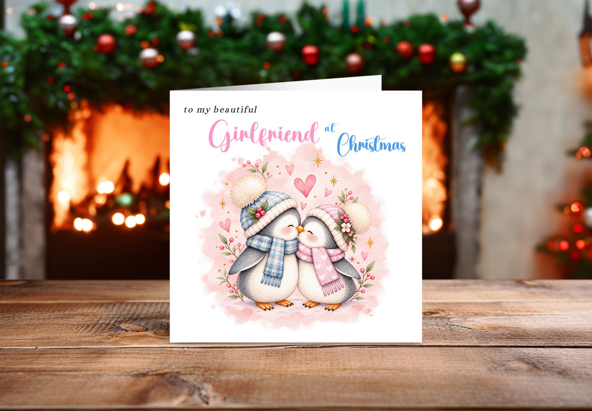 Merry Christmas Card for Girlfriend  – Cute Penguin Couple Christmas Card