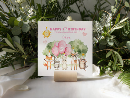 Personalised 5th Birthday Card for Girls – Woodland Animals Design with Custom Name and Message – Age 5 Years Old Birthday Card for Girls, Kids, Daughter, Granddaughter, Niece – Pink Envelope Included