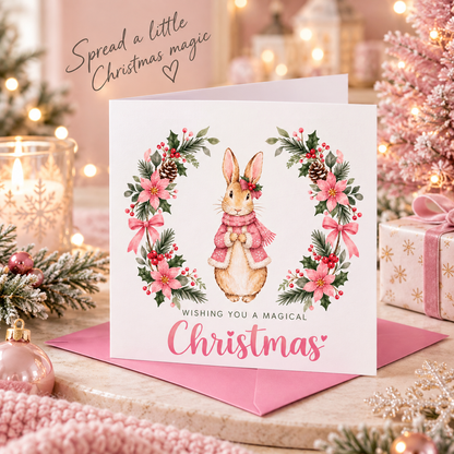 Merry Christmas Card for Girls – Pink Festive Bunny and Xmas Wreath