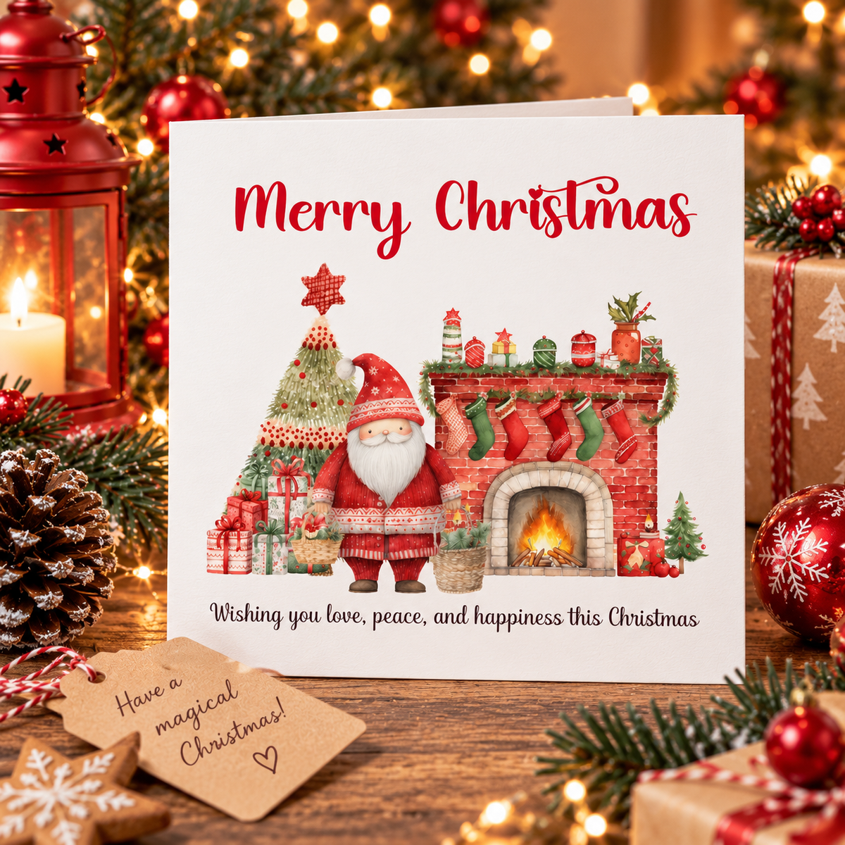 Cute Santa Christmas Greeting Card – Watercolour Festive Fireplace Design