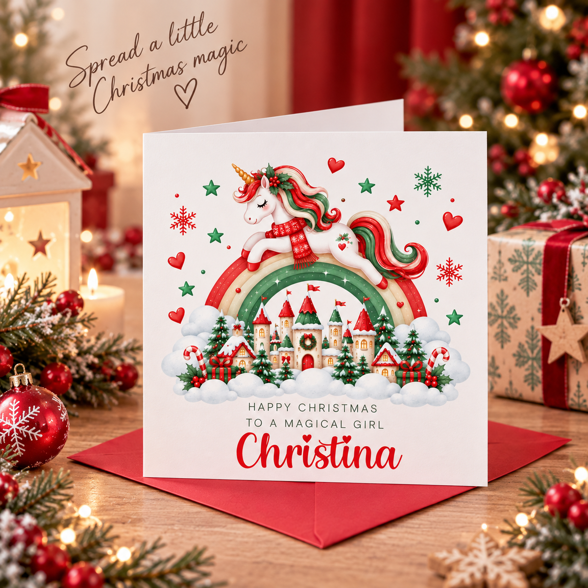 Personalised Christmas Card for Girls – Beautiful Magical Unicorn and Xmas Castle