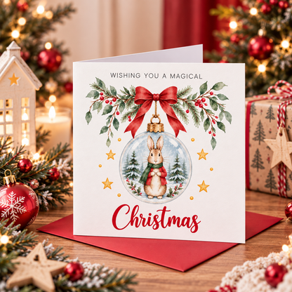 Festive Christmas card for Boys – Red Bunny in a Christmas Bauble