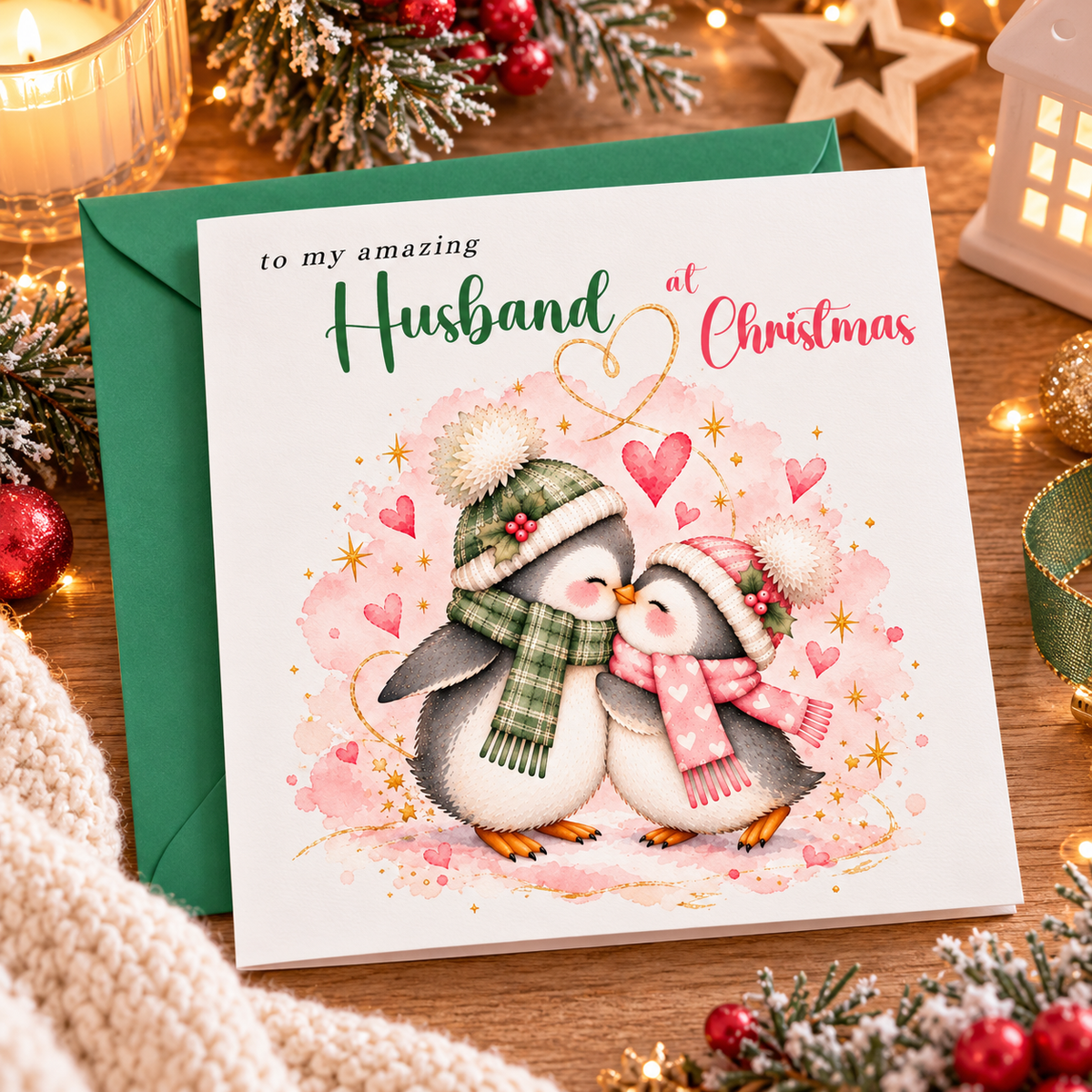 Merry Christmas Card for Husband  – Cute Penguin Couple Christmas Card