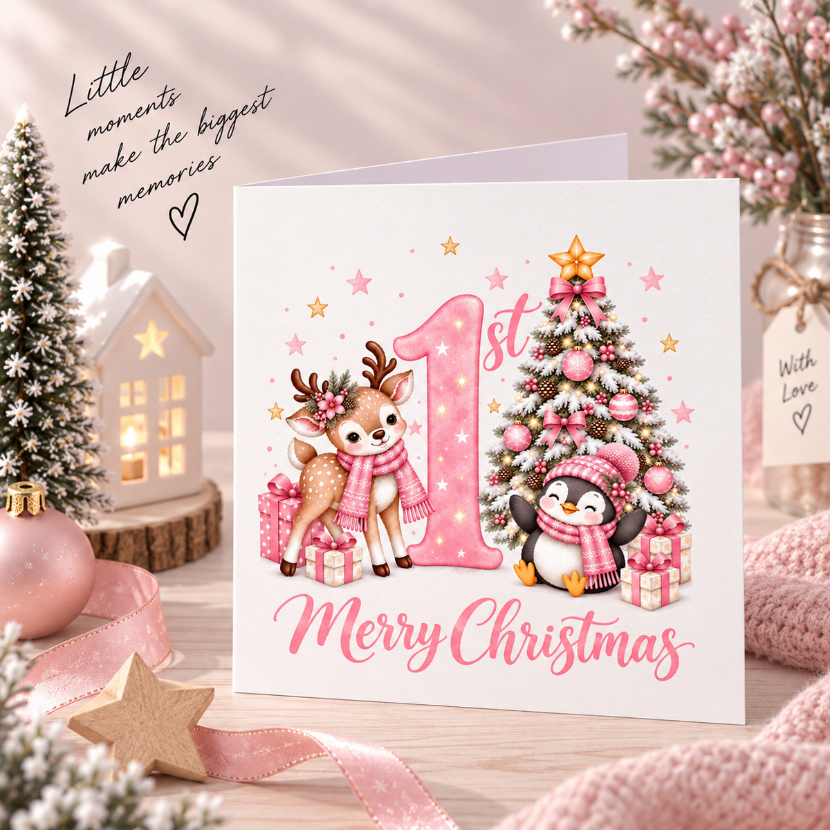 Baby Girl's 1st Christmas Card – Pink Reindeer & Penguin