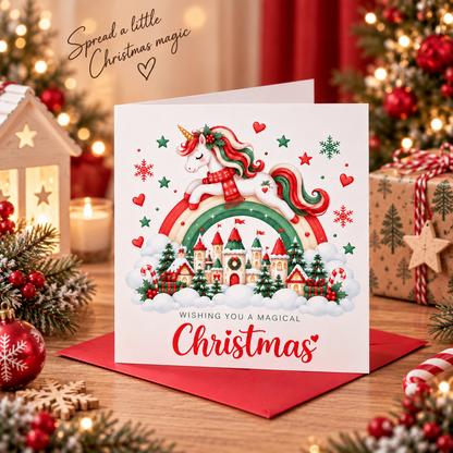 Merry Christmas Card for Girls – Beautiful Magical Unicorn and Xmas Castle
