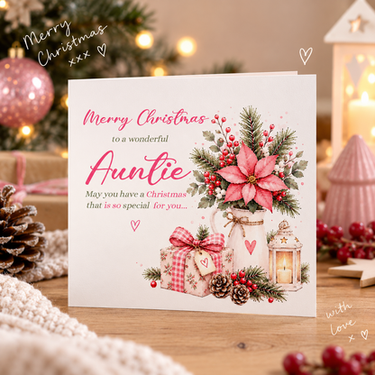 Christmas Card for Auntie – Pink Poinsettia & Festive Floral Design