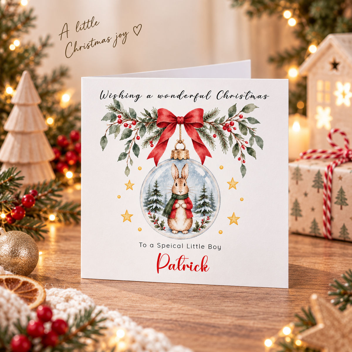 Personalised Christmas card for Boys – Red Bunny in a Christmas Bauble